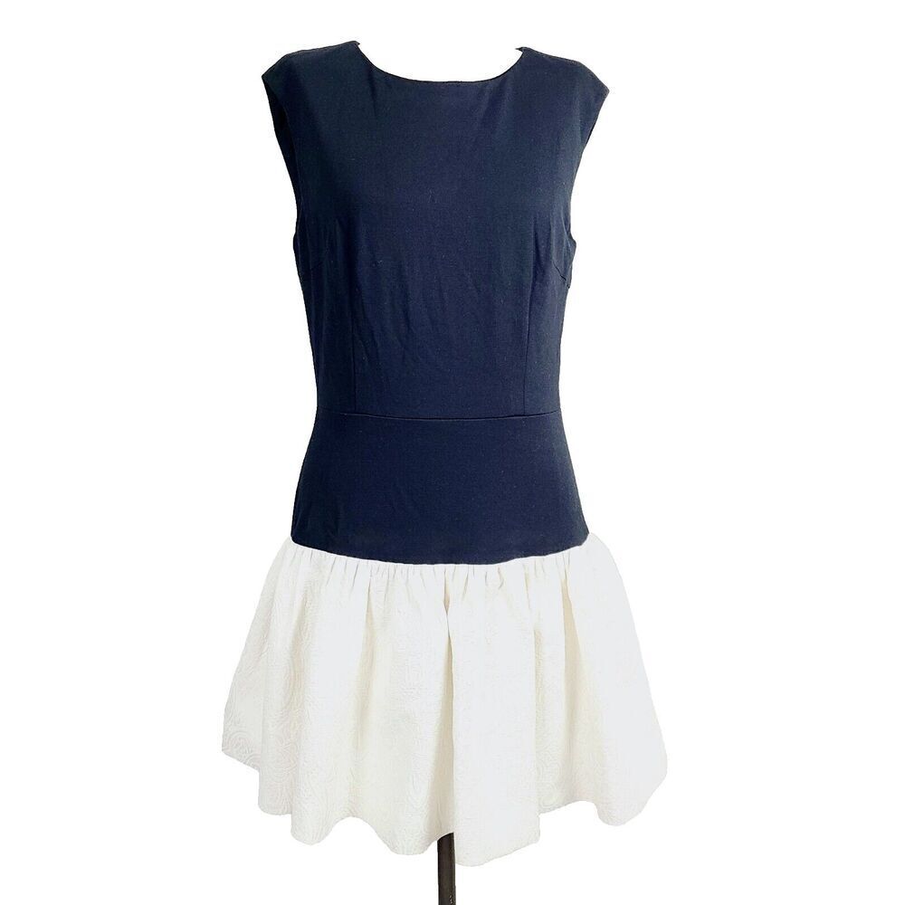 Erin Fetherston Hepburn‎ Dress 8 Black Cream Drop Waist Cap Sleeve Fit & Flare